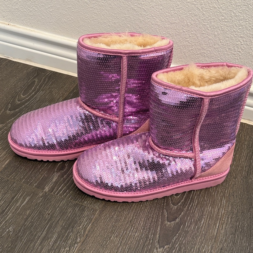 Ugg Classic Pink Sequin Boots with Fur Lining